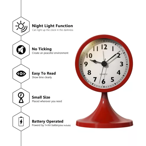 AYRELY 3 Inch Retro Asztali Ébresztőóra Piros, Csendes Analóg Óra Világítással