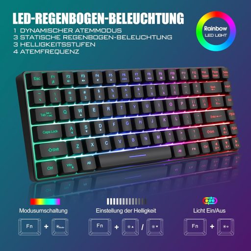 RedThunder 75% Vezeték Nélküli Gamer Billentyűzet és Egér Szett, QWERTZ DE Kiosztás, TKL Kompakt Újratölthető, 7200DPI Méhsejt Kialakítású 