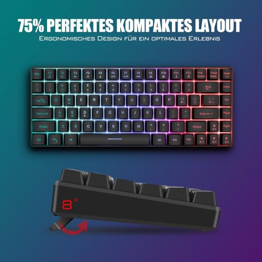 RedThunder 75% Vezeték Nélküli Gamer Billentyűzet és Egér Szett, QWERTZ DE Kiosztás, TKL Kompakt Újratölthető, 7200DPI Méhsejt Kialakítású 