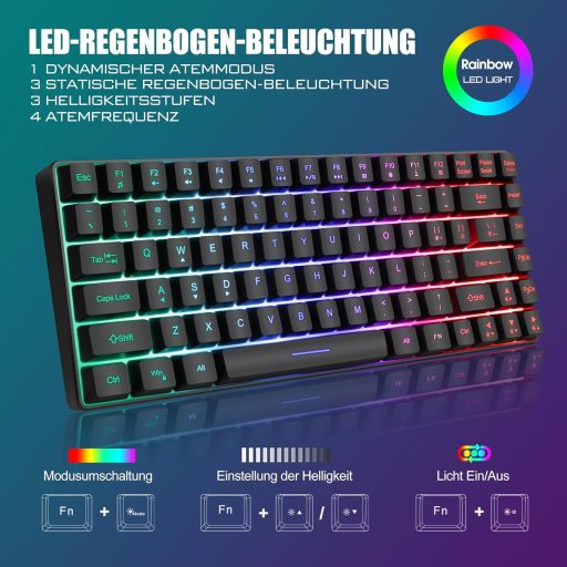 RedThunder 75% Vezeték Nélküli Gamer Billentyűzet és Egér Szett, QWERTZ DE Kiosztás, TKL Kompakt Újratölthető, 7200DPI Méhsejt Kialakítású