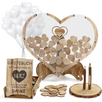   WIAZZLUK Drvena knjiga gostiju za vjenčanje s ukrasom u obliku srca, 25 balona u obliku srca, olovka, kemijska olovka, kutija za pohranu, personalizirano