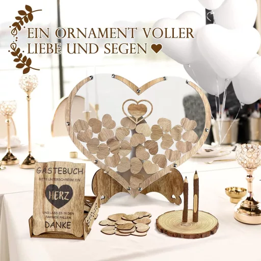 WIAZZLUK Fa Esküvői Vendégkönyv Szív Alakú Dekorációval, 25 db Szív Lufi, Ceruza, Toll, Tároló Doboz, Személyre Szabható