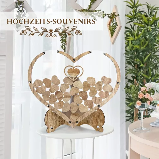 WIAZZLUK Drvena knjiga gostiju za vjenčanje s ukrasom u obliku srca, 25 balona u obliku srca, olovka, kemijska olovka, kutija za pohranu, personalizirano