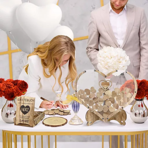 WIAZZLUK Fa Esküvői Vendégkönyv Szív Alakú Dekorációval, 25 db Szív Lufi, Ceruza, Toll, Tároló Doboz, Személyre Szabható