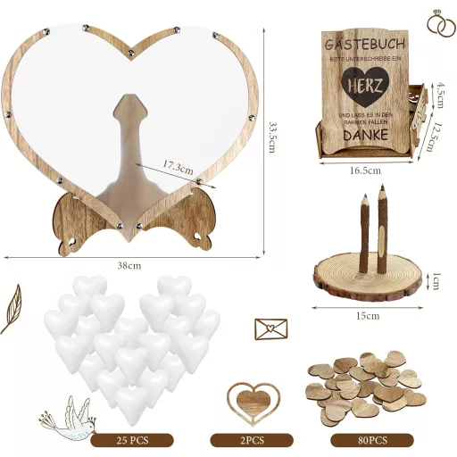 WIAZZLUK Fa Esküvői Vendégkönyv Szív Alakú Dekorációval, 25 db Szív Lufi, Ceruza, Toll, Tároló Doboz, Személyre Szabható