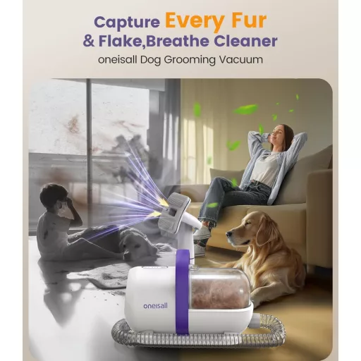 oneisall Aspirator pentru păr de câine cu putere de aspirare de 12000Pa - Cu 4 instrumente de îngrijire, perie de îndepărtare a părului cu un singur buton, funcționare silențioasă, ideal pentru Golden Retriever