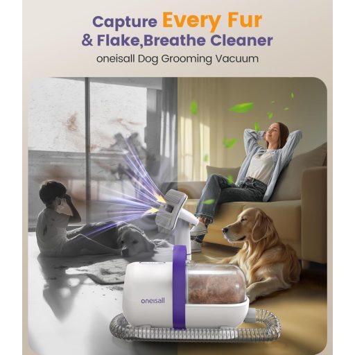 oneisall Kutyaszőr Porszívó 12000Pa Szívóerővel - 4 Ápoló Eszközzel, Egyetlen Gombos Szőreltávolító Kefe, Csendes Működés, Ideális Golden Re