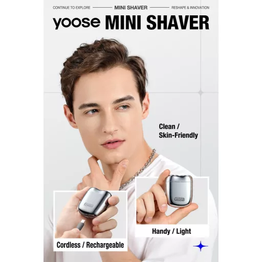 yoose Hordozható Elektromos Borotva Férfiaknak, Mágneses Fej, IPX7 Vízálló, USB-C Töltés, Ezüst