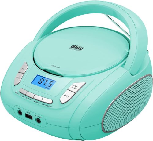CD Player portabil WISCENT cu Bluetooth, radio FM, redare USB MP3, intrare AUX, mufă pentru căști, compatibil CD-R/RW și MP3