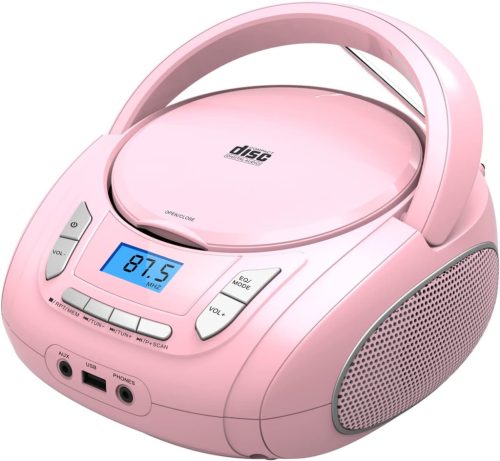 WISCENT Hordozható CD Lejátszó Gyerekeknek - Bluetooth, FM Rádió, USB, AUX és Fejhallgató Csatlakozóval, Rózsaszín Boombox Otthoni és Kültér