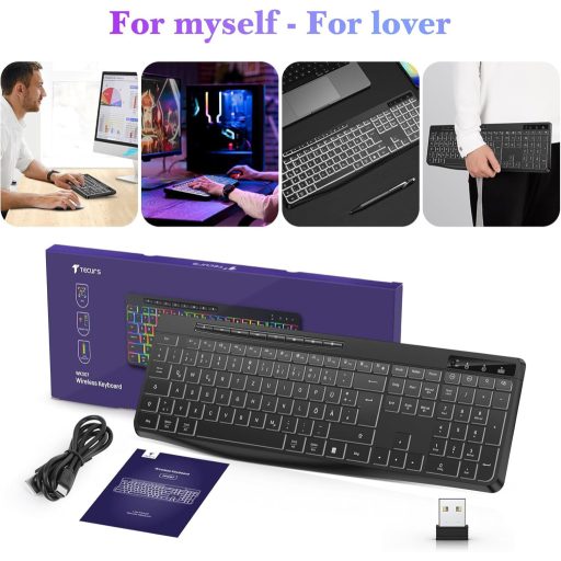 Tastatură de gaming wireless TECURS QWERTZ, LED alb, ergonomică, rezistentă la apă, 2.4GHz