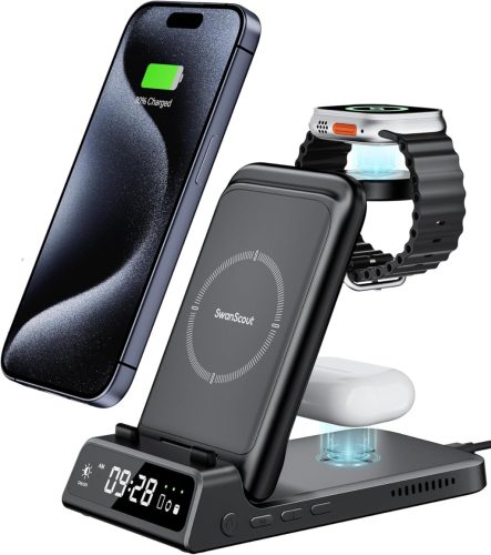 3 az 1-ben indukciós töltőállomás iPhone 15, Apple Watch és AirPods készülékekhez