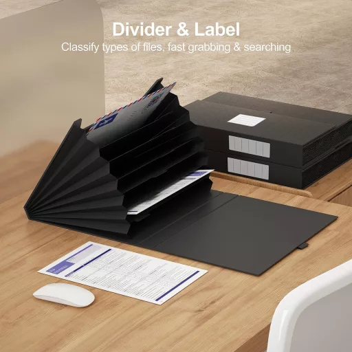 JiaWei Harmonika Irattartó - A4 13 Rekeszes Dokumentumrendező Mágneses Fedéllel, Címkékkel, Extra Erős 2250g/m² Kartonból, Fekete, 250 Lap K