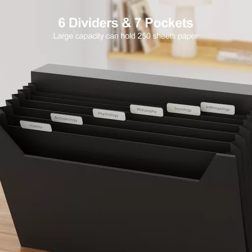 JiaWei Harmonikový zakladač na dokumenty - A4, 13 priehradiek, s magnetickým uzáverom, štítkami, extra pevný kartón 2250 g/m², čierny, kapacita 250 listov