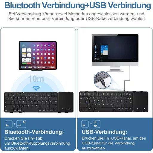 Skladacia Bluetooth klávesnica s dotykovou plochou Echaar – QWERTZ rozloženie, prenosná klaviatúra pre iPad, smartfón, tablet, PC a laptop