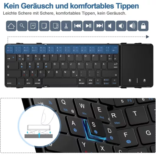 Echaar Összehajtható Bluetooth Billentyűzet Érintőpaddal - QWERTZ Kiosztású Hordozható Klaviatúra iPad, Okostelefon, Tablet, PC és Laptop Es