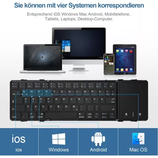Echaar Összehajtható Bluetooth Billentyűzet Érintőpaddal - QWERTZ Kiosztású Hordozható Klaviatúra iPad, Okostelefon, Tablet, PC és Laptop Es