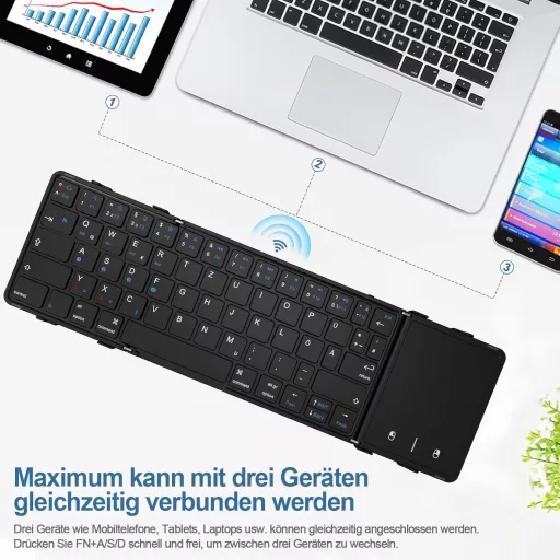 Echaar Összehajtható Bluetooth Billentyűzet Érintőpaddal - QWERTZ Kiosztású Hordozható Klaviatúra iPad, Okostelefon, Tablet, PC és Laptop Es