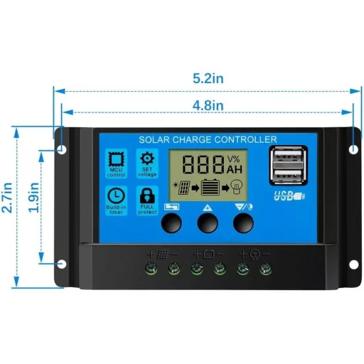 OOYCYOO 30A napelemes töltésvezérlő 12V/24V LCD kijelzővel és USB porttal