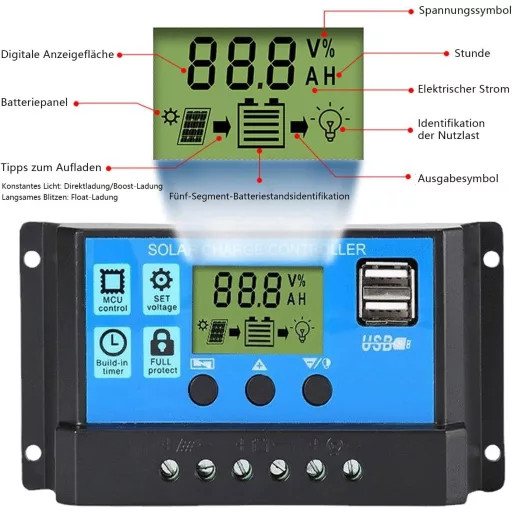 OOYCYOO 30A napelemes töltésvezérlő 12V/24V LCD kijelzővel és USB porttal