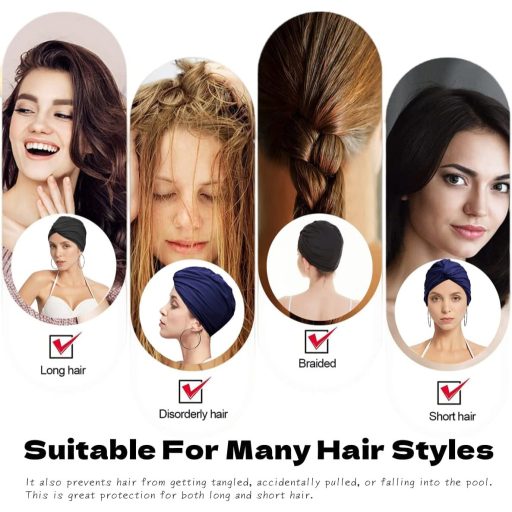 iNszkoos Női Úszósapka Tengerkék Turbán Stílusú Rugalmas Anyagból Fülvédő Funkcióval Hosszú Rövid Hajhoz Strand Úszás