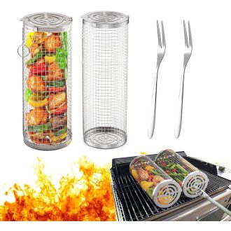   YumSur 2 db Rozsdamentes Acél Grillkosár Szett - Forgatható BBQ Kosár Zöldségekhez, Kempingezéshez, Sütőhöz - Mosogatógépben Mosható