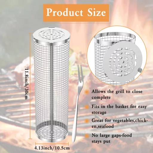 YumSur 2 ks Súprava grilovacích košov z nehrdzavejúcej ocele - Otočný BBQ kôš na zeleninu, kempovanie, do rúry - Umývateľné v umývačke riadu