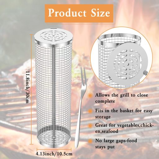 YumSur 2 db Rozsdamentes Acél Grillkosár Szett - Forgatható BBQ Kosár Zöldségekhez, Kempingezéshez, Sütőhöz - Mosogatógépben Mosható