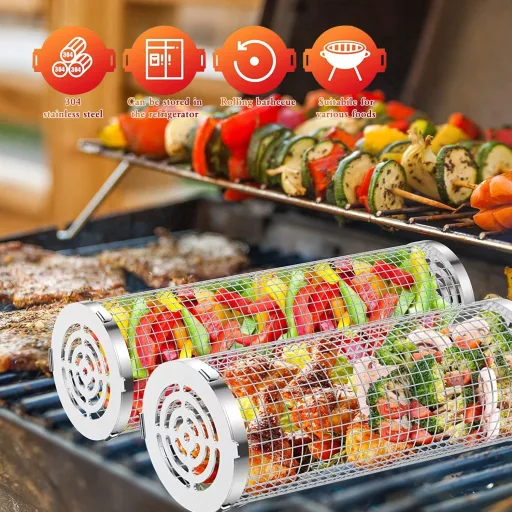 YumSur 2 ks Súprava grilovacích košov z nehrdzavejúcej ocele - Otočný BBQ kôš na zeleninu, kempovanie, do rúry - Umývateľné v umývačke riadu