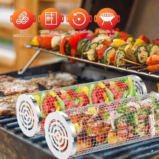 YumSur 2 db Rozsdamentes Acél Grillkosár Szett - Forgatható BBQ Kosár Zöldségekhez, Kempingezéshez, Sütőhöz - Mosogatógépben Mosható