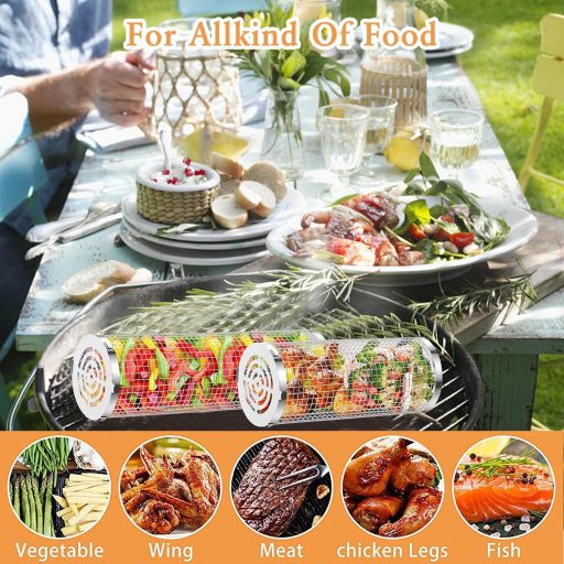 YumSur 2 db Rozsdamentes Acél Grillkosár Szett - Forgatható BBQ Kosár Zöldségekhez, Kempingezéshez, Sütőhöz - Mosogatógépben Mosható