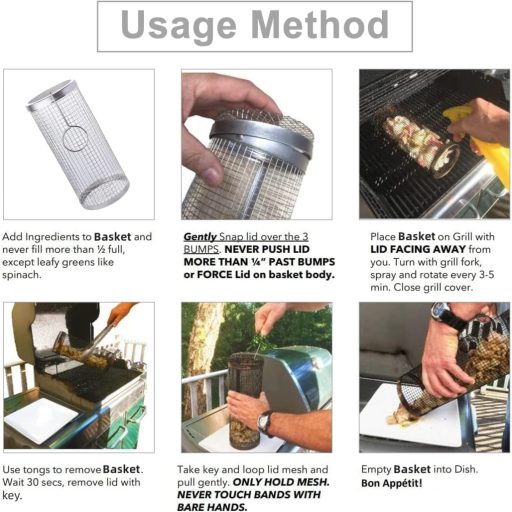 YumSur 2 db Rozsdamentes Acél Grillkosár Szett - Forgatható BBQ Kosár Zöldségekhez, Kempingezéshez, Sütőhöz - Mosogatógépben Mosható