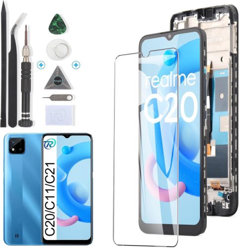 RongZy LCD Kijelző Realme C20/C11/C21 2021 RMX3231 Telefonokhoz - Érintőképernyős Digitalizáló Csereképernyő Kerettel, Szerszámokkal (Fekete