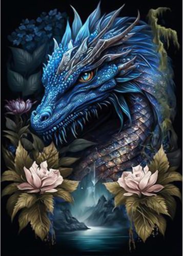 Set pictură cu diamante 5D, motiv dragon și flori, 30x40cm, tablou complet