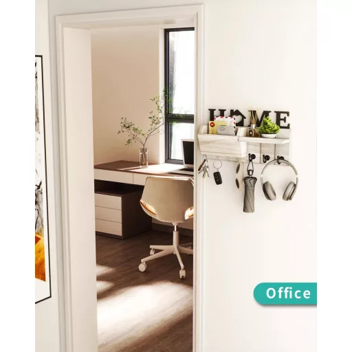 HapiRm Suport de chei din lemn cu poliță - Organizator de chei de perete cu 7 cârlige și spațiu de depozitare, pentru hol, coridor - Design rustic alb, 33,5 cm