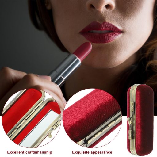 KALLORY Vintage Ajakfény Tartó Tükörrel és Gyöngy Díszítéssel Boros Vörös