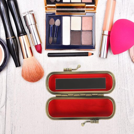 KALLORY Vintage Ajakfény Tartó Tükörrel és Gyöngy Díszítéssel Boros Vörös