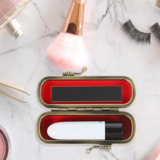 KALLORY Vintage Ajakfény Tartó Tükörrel és Gyöngy Díszítéssel Boros Vörös