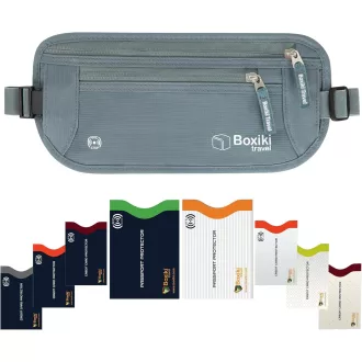   Boxiki Utazási Pénzöv RFID Védelemmel - 8 Részes Szett Tengerészkék Kártyatartókkal - Rejtett Övtáska Férfiaknak és Nőknek (Szürke)