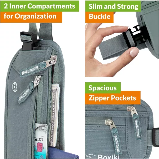 Boxiki Putni Novčanik s RFID Zaštitom - Set od 8 Komada s Tamnoplavim Držačima Kartica - Skrivena Torbica oko Struka za Muškarce i Žene (Siva)