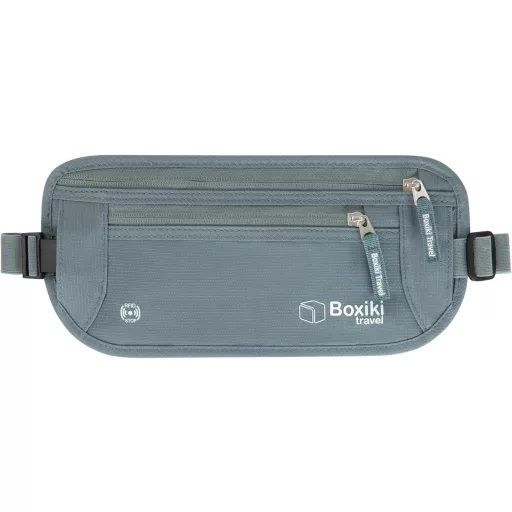 Boxiki Utazási Pénzöv RFID Védelemmel - 8 Részes Szett Tengerészkék Kártyatartókkal - Rejtett Övtáska Férfiaknak és Nőknek (Szürke)