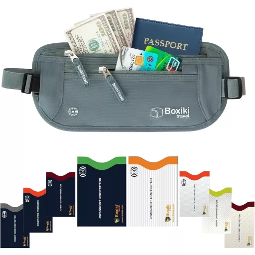 Boxiki Putni Novčanik s RFID Zaštitom - Set od 8 Komada s Tamnoplavim Držačima Kartica - Skrivena Torbica oko Struka za Muškarce i Žene (Siva)