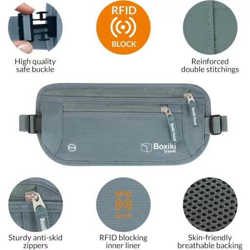Boxiki Borsetă de călătorie antifurt cu protecție RFID - Set de 8 piese cu suporturi pentru carduri bleumarin - Portofel ascuns pentru bărbați și femei (Gri)