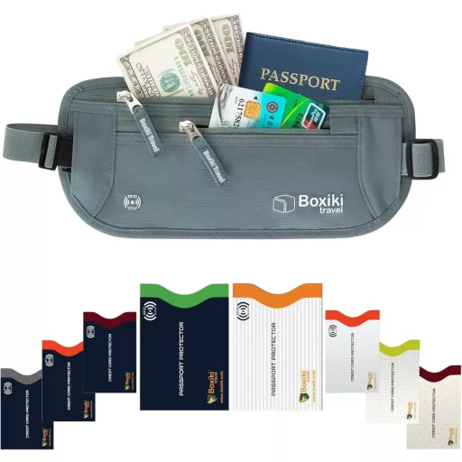 Boxiki Borsetă de călătorie antifurt cu protecție RFID - Set de 8 piese cu suporturi pentru carduri bleumarin - Portofel ascuns pentru bărbați și femei (Gri)