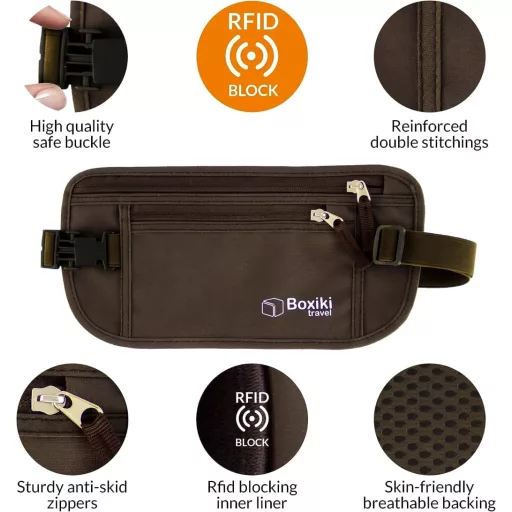 Boxiki Travel Pojas za novac s RFID zaštitom - Set putne torbice oko struka i držača kartica za sigurno pohranjivanje gotovine i dokumenata, smeđi, unisex.