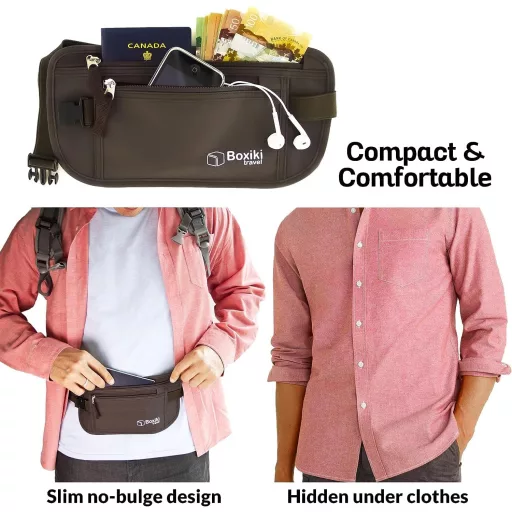Boxiki Travel Pojas za novac s RFID zaštitom - Set putne torbice oko struka i držača kartica za sigurno pohranjivanje gotovine i dokumenata, smeđi, unisex.