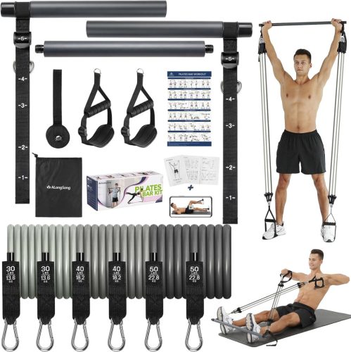 Set Benzi Elastice Fitness ALongSong cu 6 Nivele de Rezistență (20-240 Lbs) - Cu Bară Pilates, Mânere și Ancoră de Ușă - Pentru Antrenament Acasă, Tonifiere