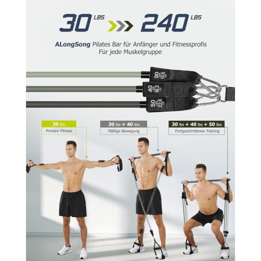 Set Benzi Elastice Fitness ALongSong cu 6 Nivele de Rezistență (20-240 Lbs) - Cu Bară Pilates, Mânere și Ancoră de Ușă - Pentru Antrenament Acasă, Tonifiere