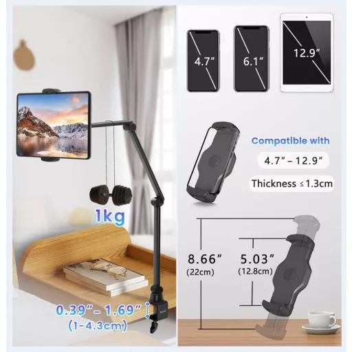 ZenCT 3-ramenný stojan na tablet – 100 cm dlhý kovový držiak, stolové uchytenie, pre zariadenia 4,7 – 12,9", iPad Pro, Air, Mini, Samsung Galaxy Tab K