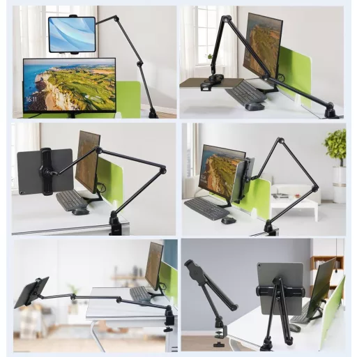 ZenCT 3 Karos Tablet Állvány - 100 cm Hosszú Fém Tartó, Asztali Rögzítés, 4.7-12.9" Készülékekhez, iPad Pro, Air, Mini, Samsung Galaxy Tab K